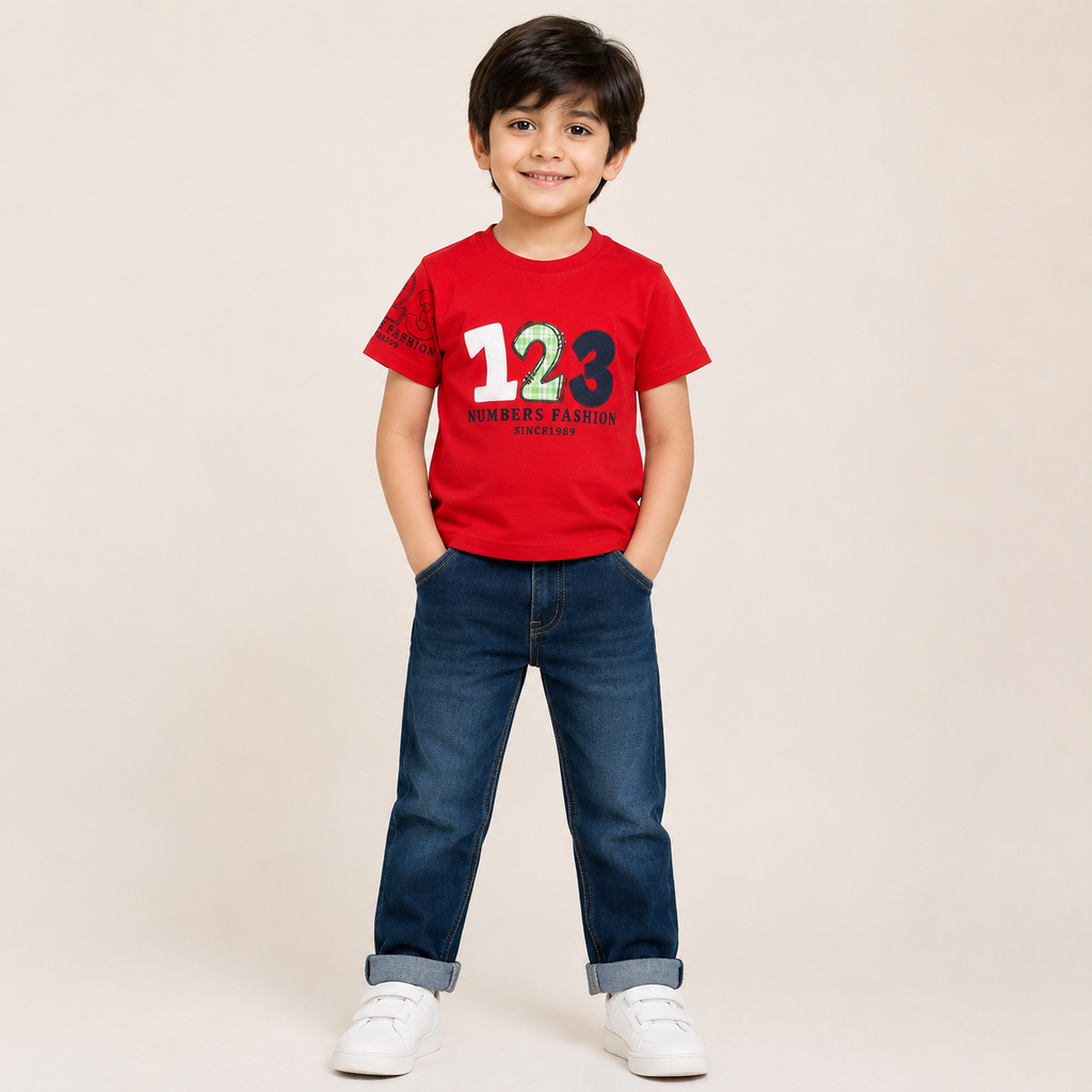 Boys Red 123 Graphic Printed Cotton T-Shirt