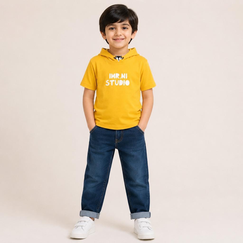 Boys Yellow Hooded Cotton T-Shirt with Graphic Print