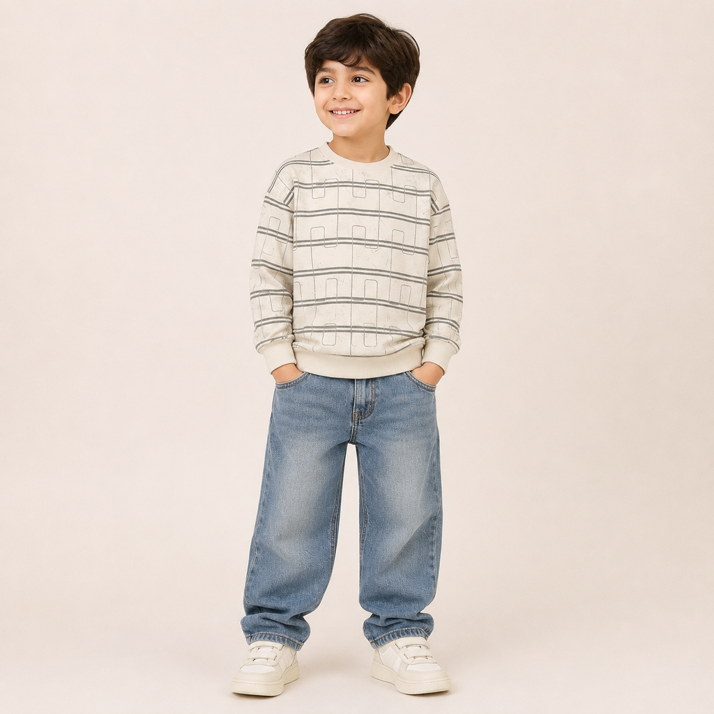 Boys Cream Geometric Printed Full Sleeve Sweatshirt