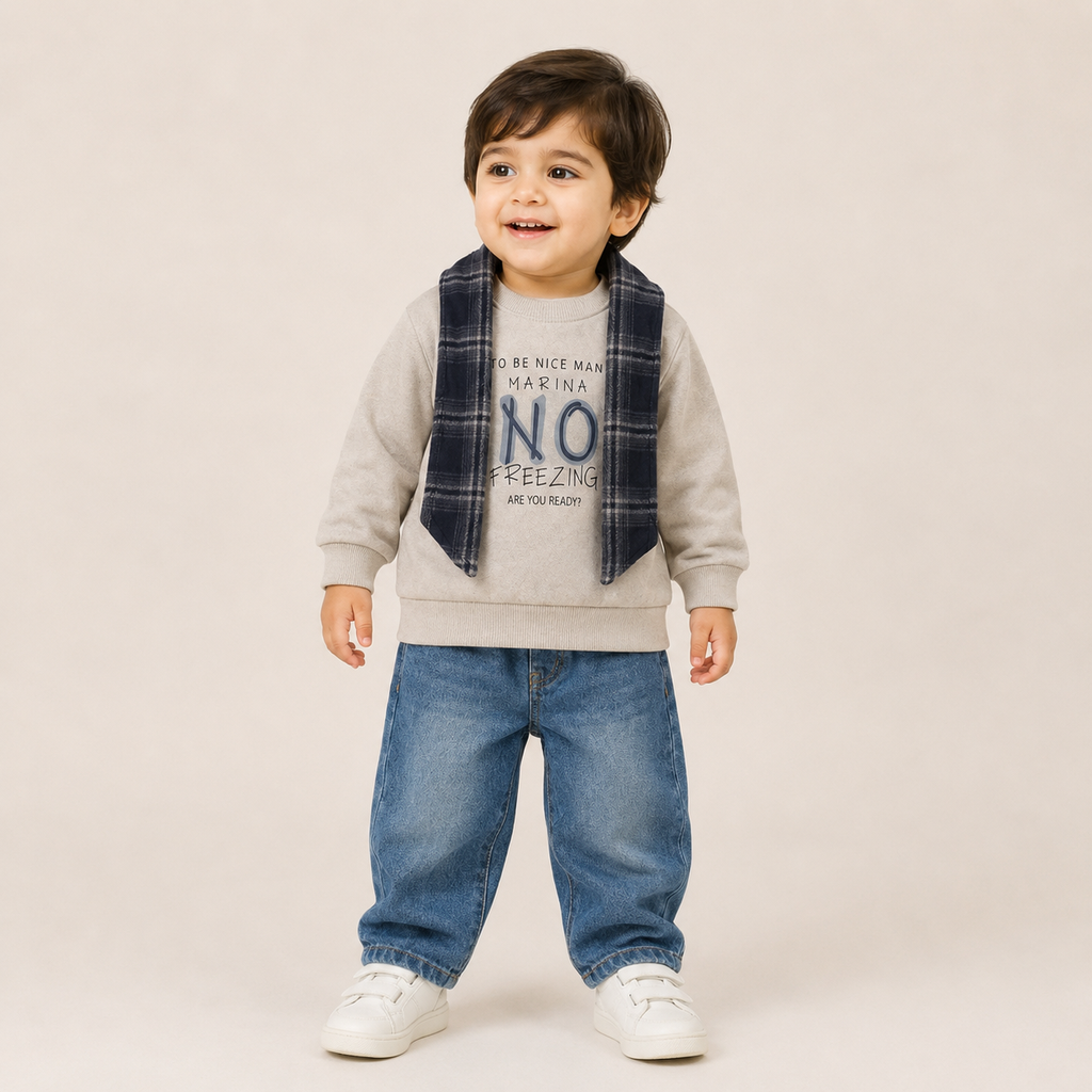 Boys Printed Sweatshirt with Checked Scarf & Denim Jeans