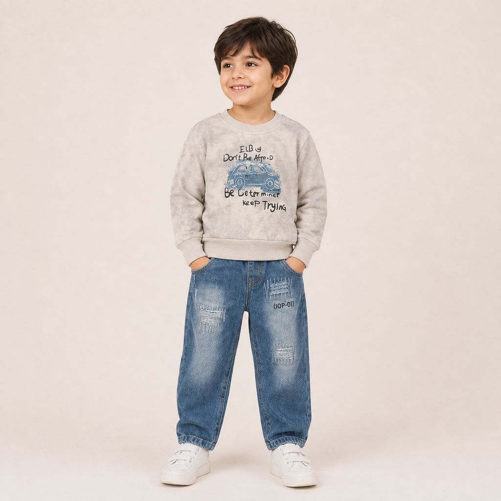 Boys Printed Sweatshirt & Denim Jeans Set
