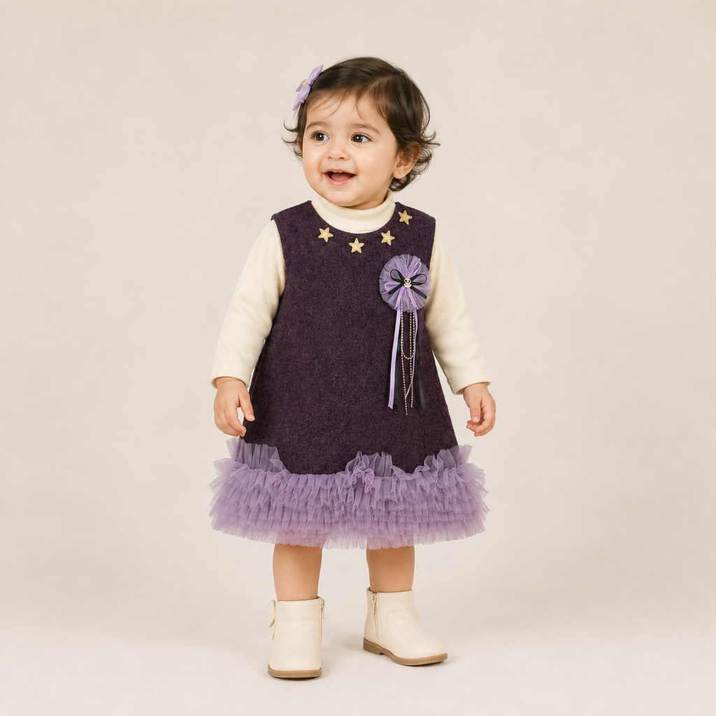 Girls Purple Winter Dress with High Neck Top