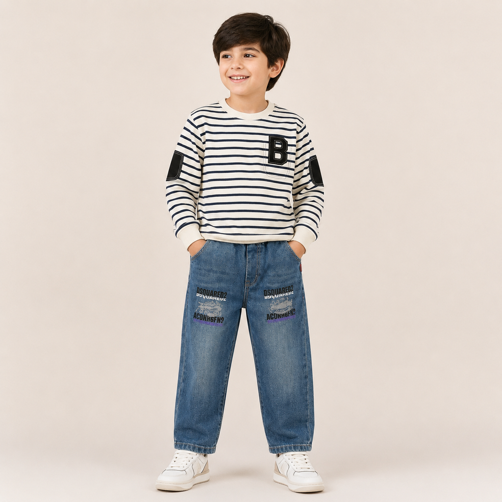 Boys White Striped Sweatshirt & Denim Jeans Set