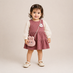 Girls Pink Textured Tiered Dress with Sheer Puff Sleeves & Cute Bunny Sling Bag