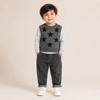 Boys Grey Star Print Sweater Vest with Full Sleeve T-Shirt