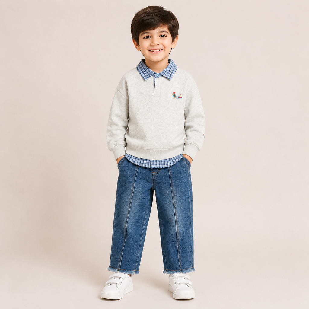 Boys Grey Sweatshirt & Blue Denim Pant Clothing 3 Piece Set