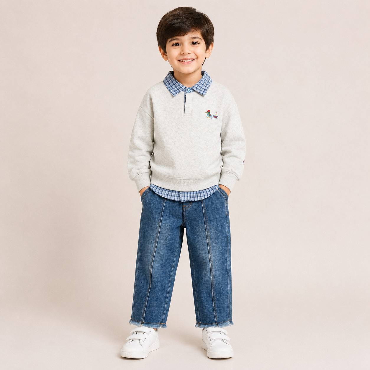 Boys Grey Sweatshirt & Blue Denim Pant Clothing 3 Piece Set