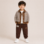 Boys Brown Striped Jacket, T-Shirt & Jogger Pants 3-Piece Set