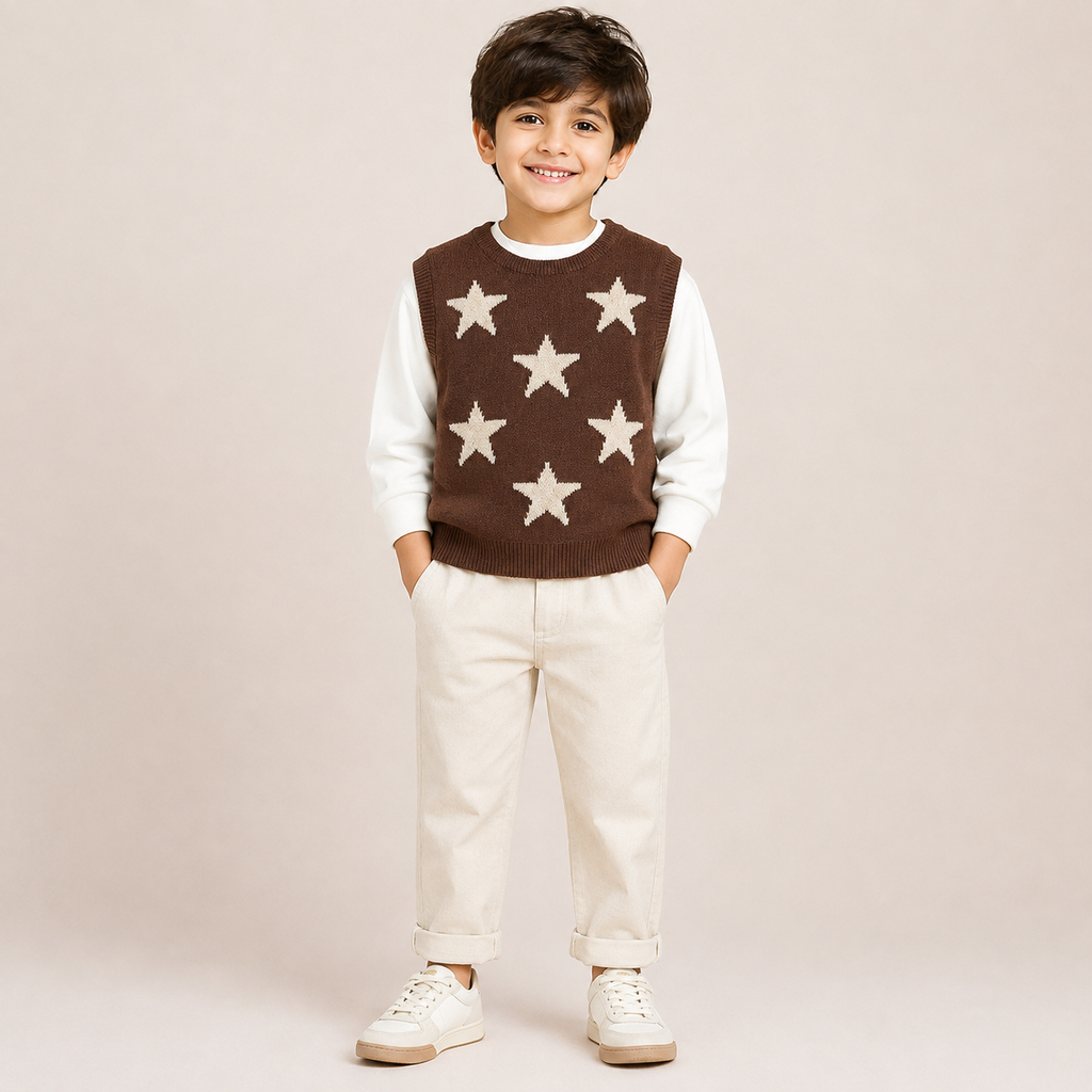 Boys Brown Star Knit Sweater Vest with White Full Sleeve T-Shirt