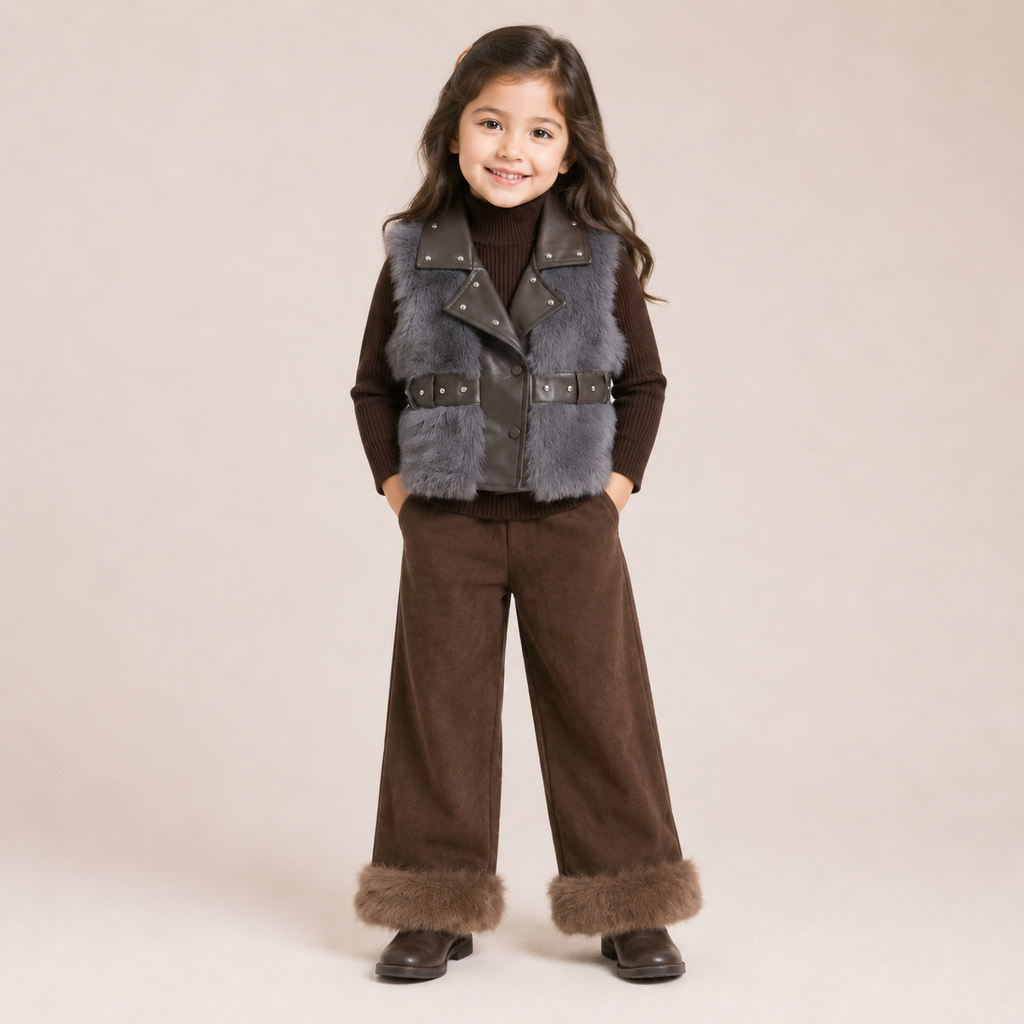 Girls Brown Fur Vest & Wide Leg Pants Winter Co-ord Set