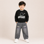 Boys Black Graphic Sweatshirt & Grey Denim Jeans Clothing Set