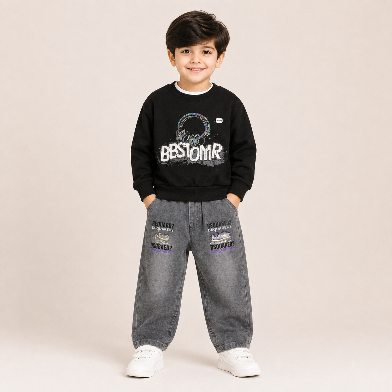 Boys Black Graphic Sweatshirt & Grey Denim Jeans Clothing Set