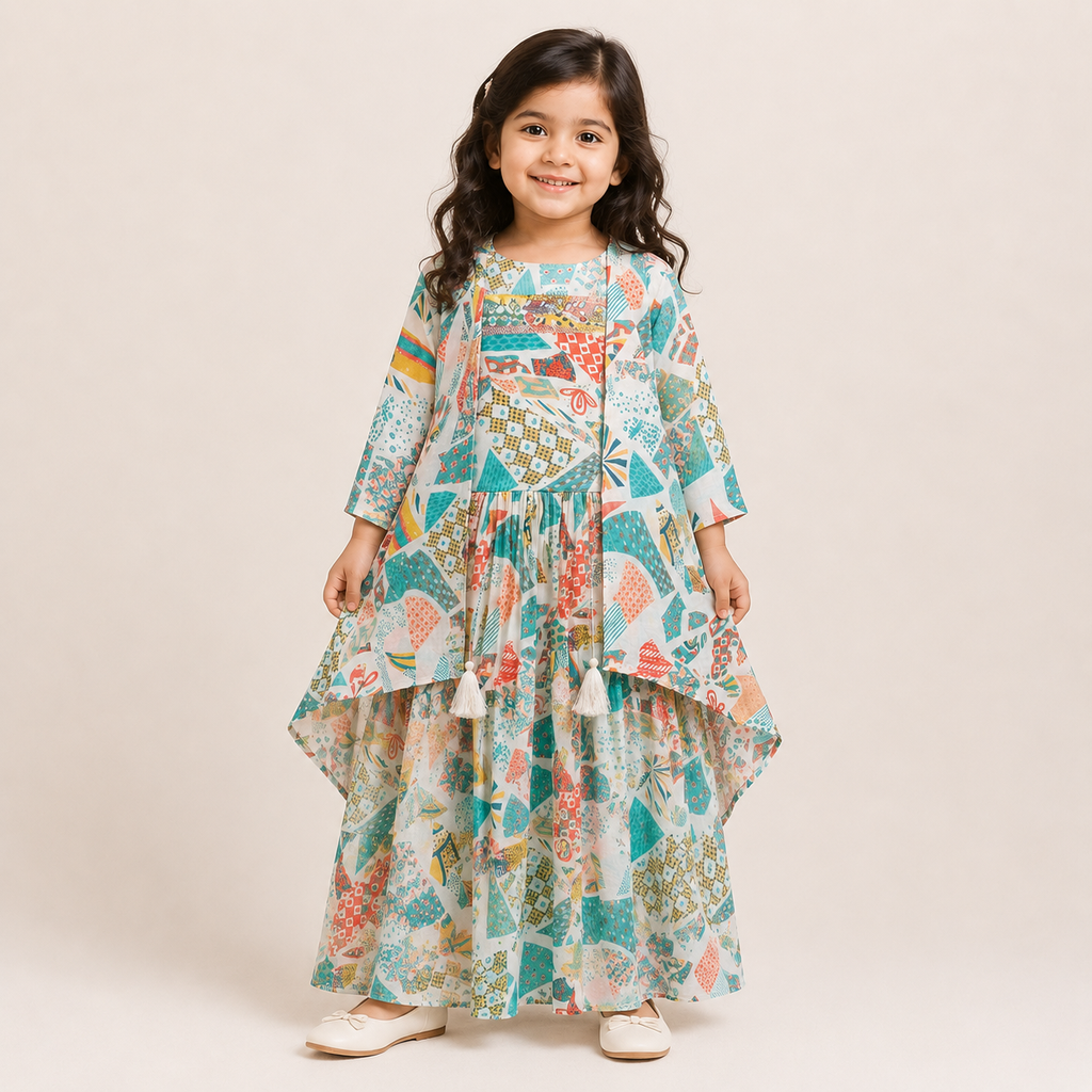 Girls Multicolor Printed Layered Ethnic Dress