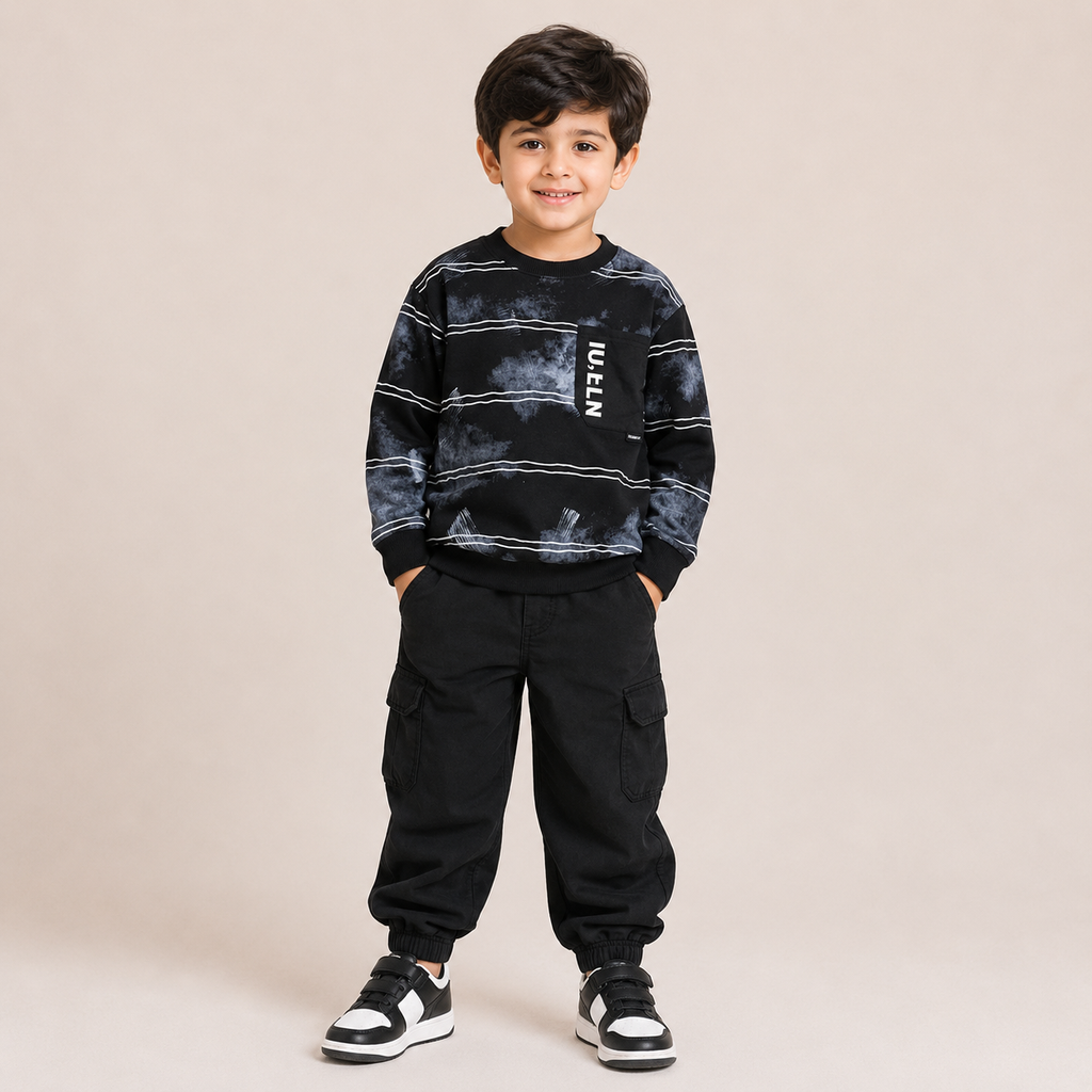 Boys Black Abstract Printed Cotton Sweatshirt