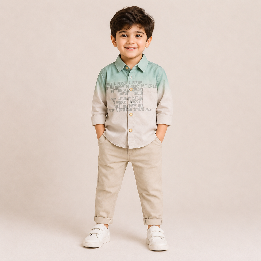 Boys Mint Green Ombre Printed Full Sleeve Cotton Shirt