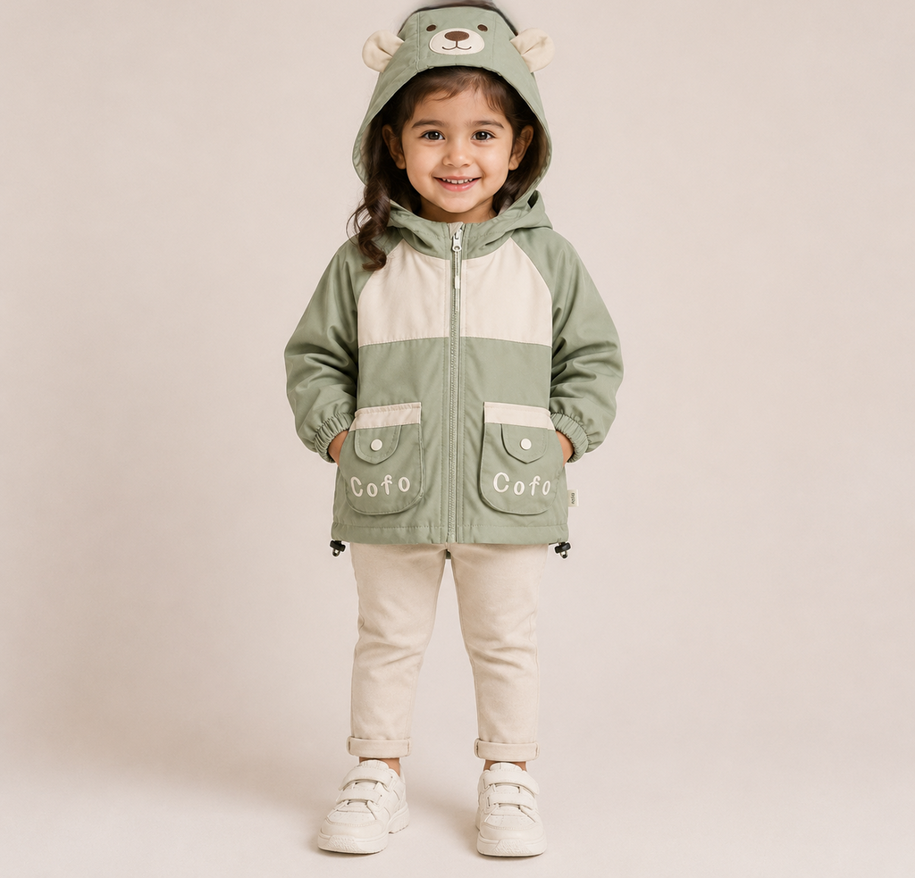 Girls Sage Green Bear Hooded Zip-Up Winter Jacket