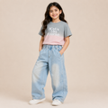 Girls Grey & Pink Ombre T-Shirt with Light Blue Wide-Leg Denim