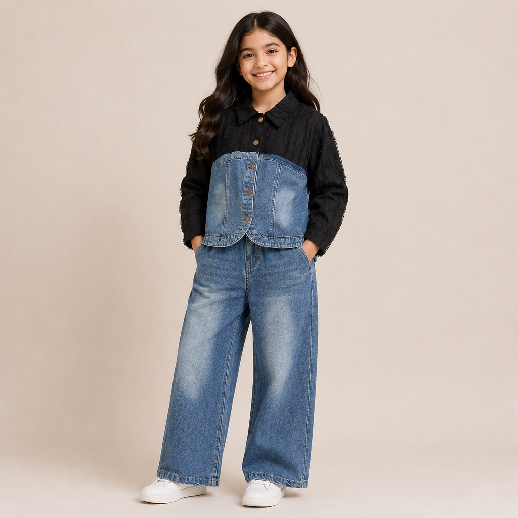 Girls Black Textured Denim Co-Ord Set with Wide-Leg Jeans