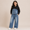 Girls Black Textured Denim Co-Ord Set with Wide-Leg Jeans