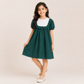 Girls Dark Green Puff Sleeve Cotton A-Line Dress