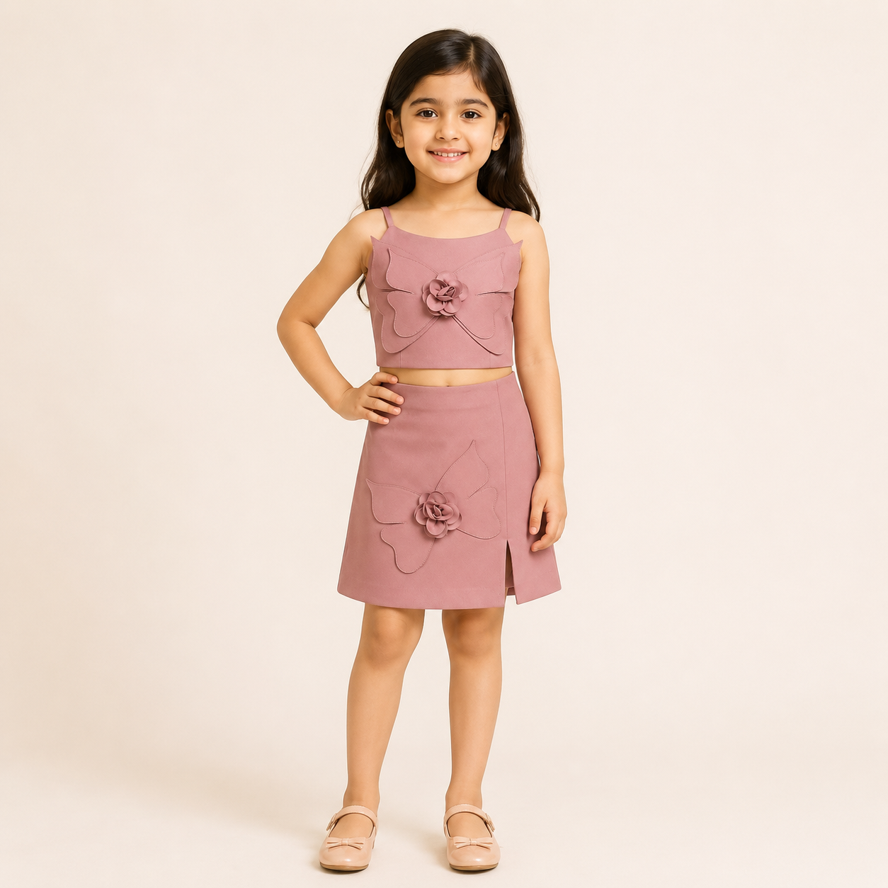 Girls Dusty Pink Butterfly Applique Crop Top & Skirt