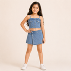 Girls Light Blue Denim Crop Top & Skirt