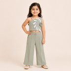 Girls Sage Green One Shoulder Floral Co-Ord Set with Pants