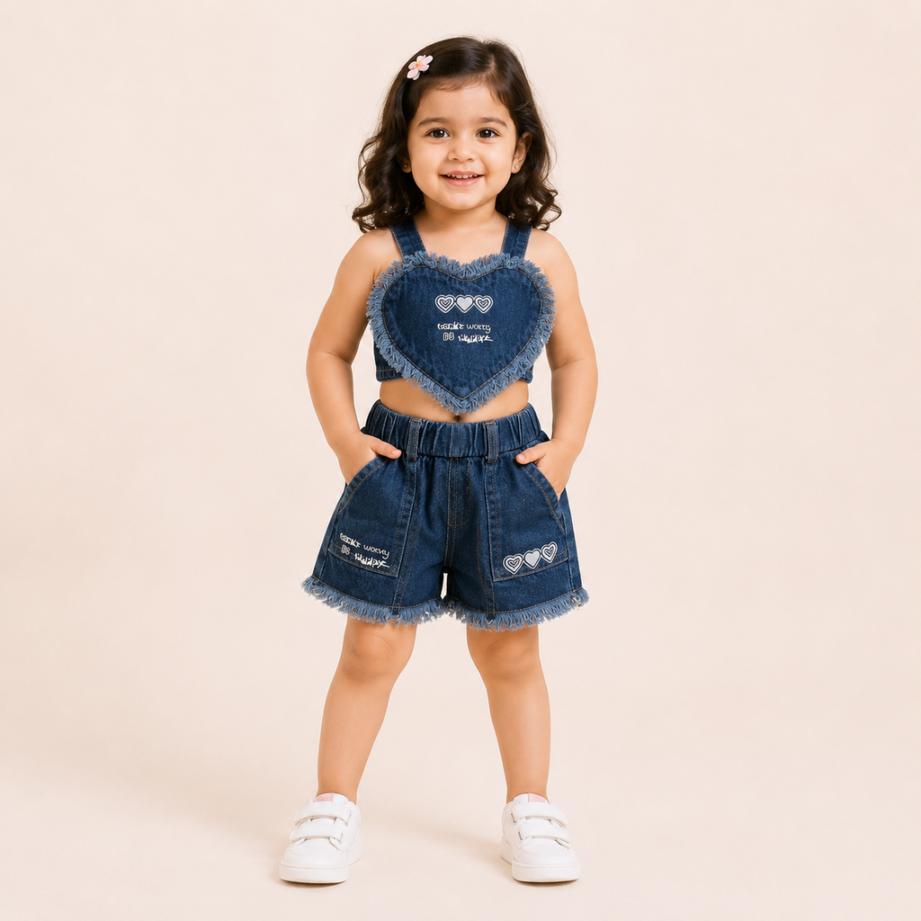 Girls Dark Blue Heart Denim Crop Top & Shorts