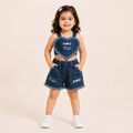 Girls Dark Blue Heart Denim Crop Top & Shorts