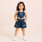 Girls Dark Blue Heart Denim Crop Top & Shorts
