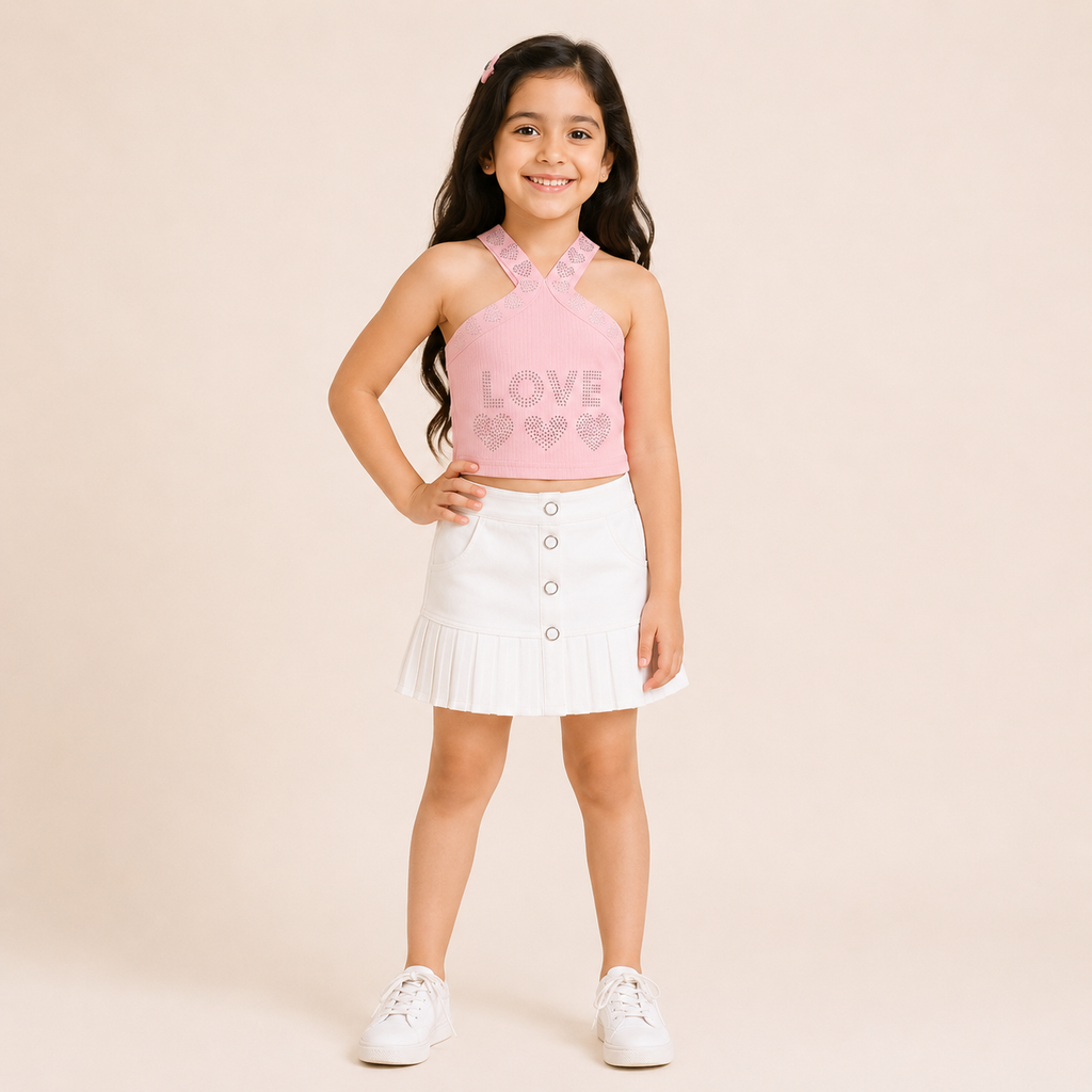 Girls Pink Rhinestone Love Cross Strap Ribbed Crop Top