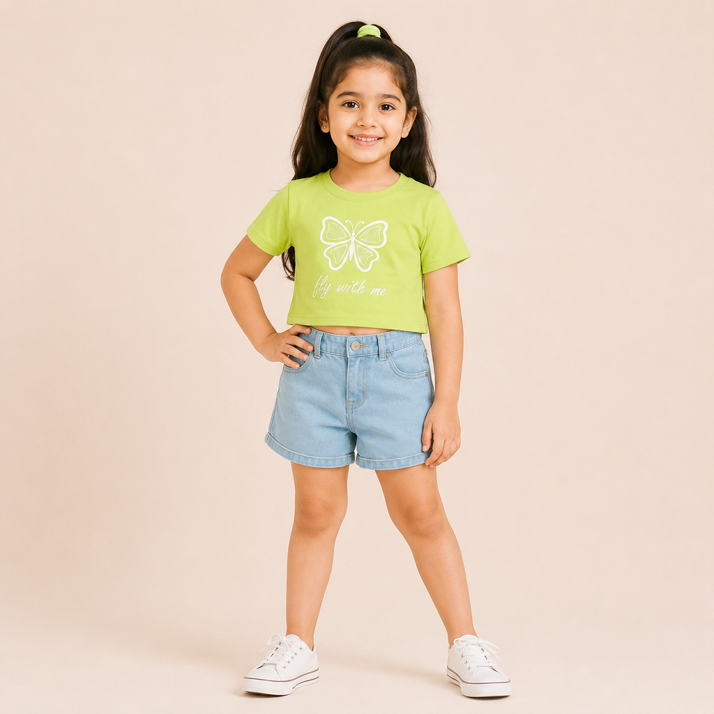 Girls Neon Green Butterfly Print Crop T-Shirt