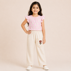 Girls Cream Cotton Wide Leg Pants with Floral Lace Pocket