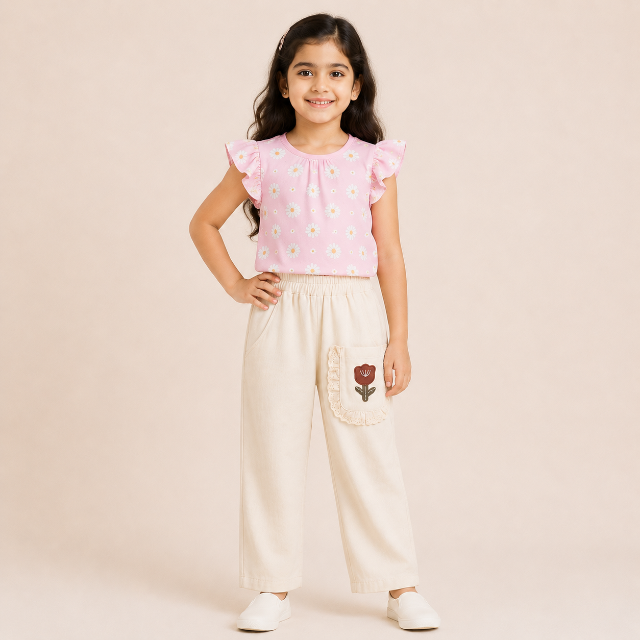 Girls Cream Cotton Wide Leg Pants with Floral Lace Pocket