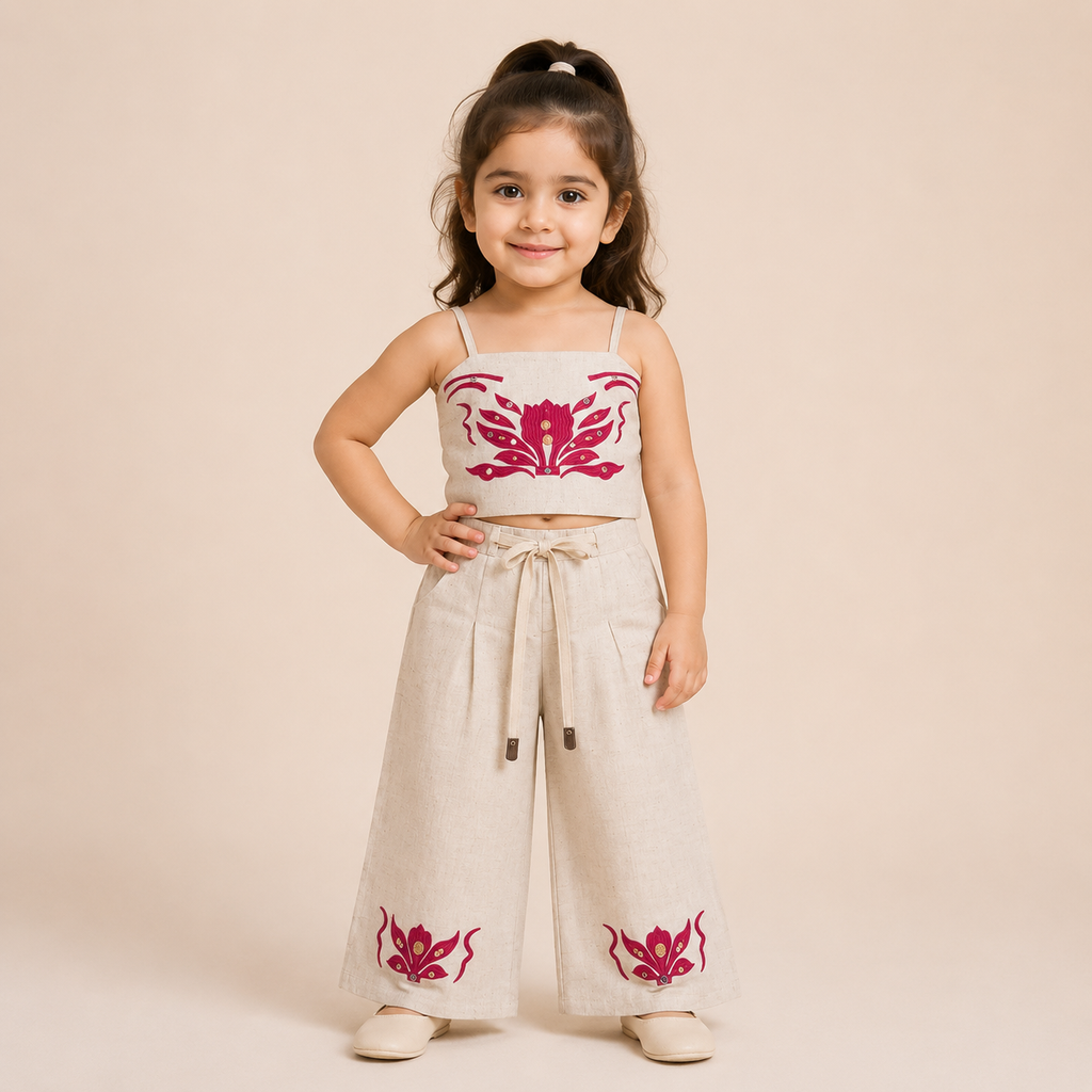 Girls Beige Floral Embroidered Cotton Linen Co-Ord Set