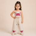 Girls Beige Floral Embroidered Cotton Linen Co-Ord Set