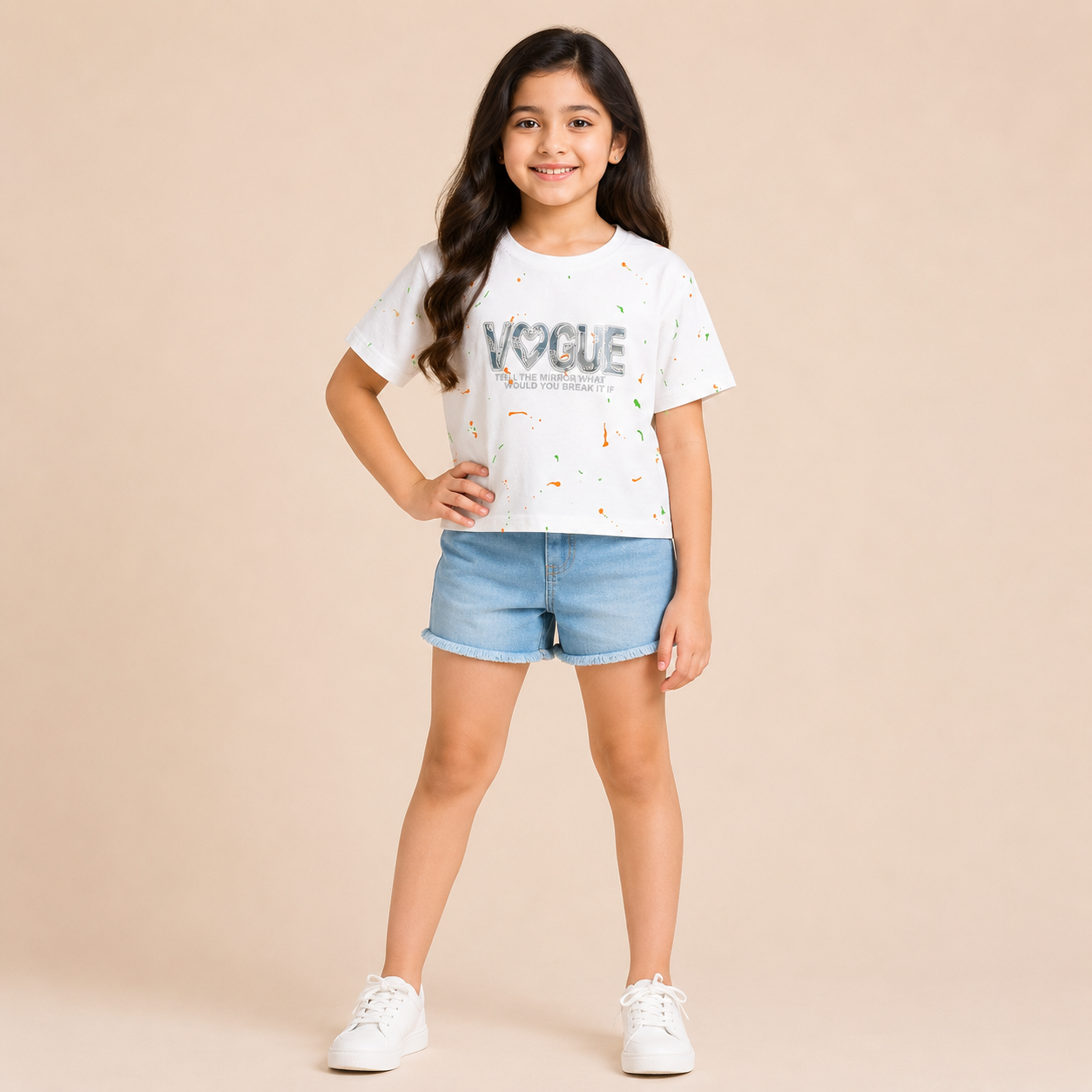Girls White Vogue Graphic Cotton T-Shirt