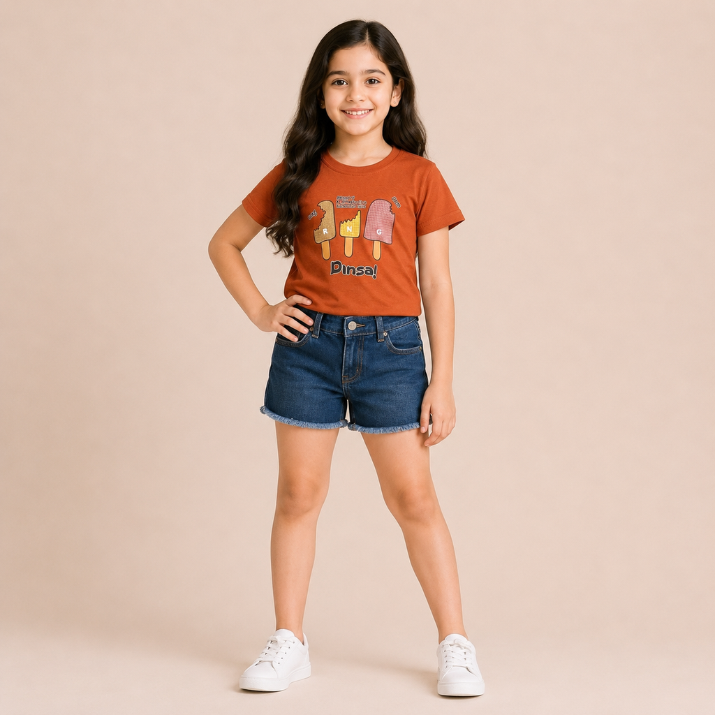 Girls Rust Orange Ice Cream Graphic Cotton T-Shirt