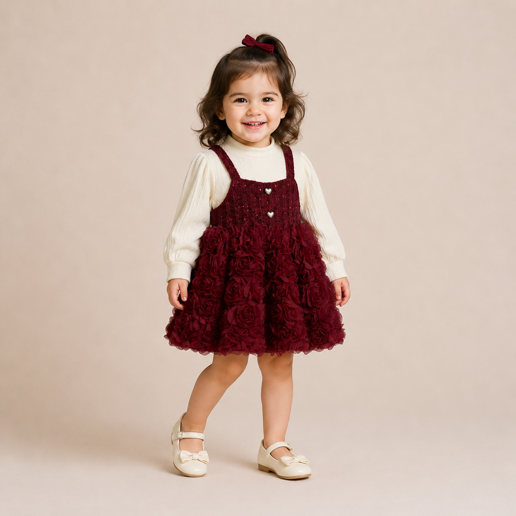 Baby Girls Maroon Flower Dress Set