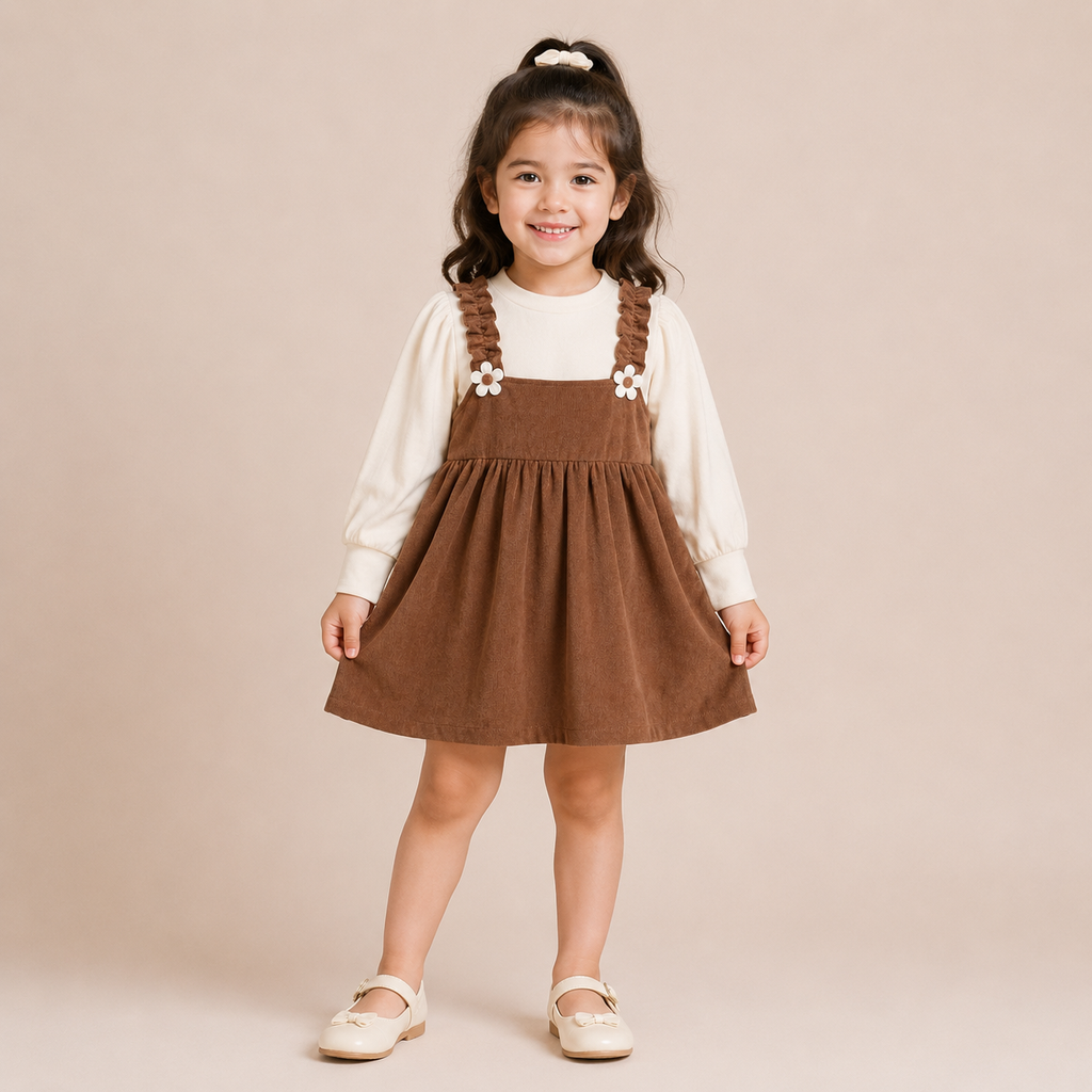 Girls Brown Pinafore Dress with Full Sleeve Top