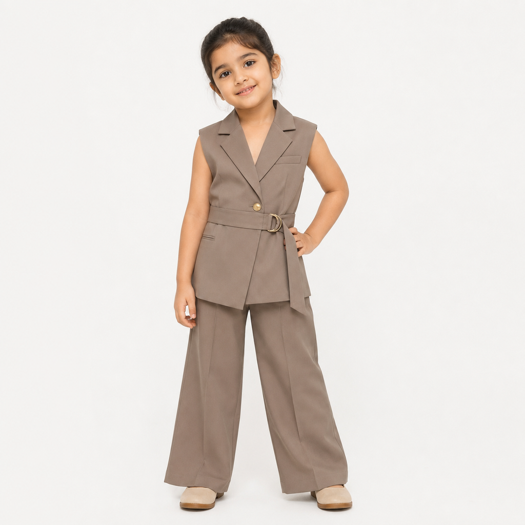 Girls Beige Sleeveless Blazer Vest & Pant Co-Ord Set