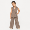 Girls Beige Sleeveless Blazer Vest & Pant Co-Ord Set