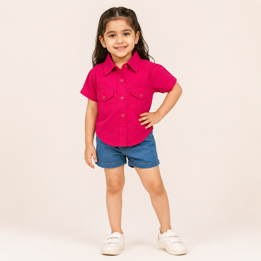 Girls Pink Half Sleeve Cotton Shirt