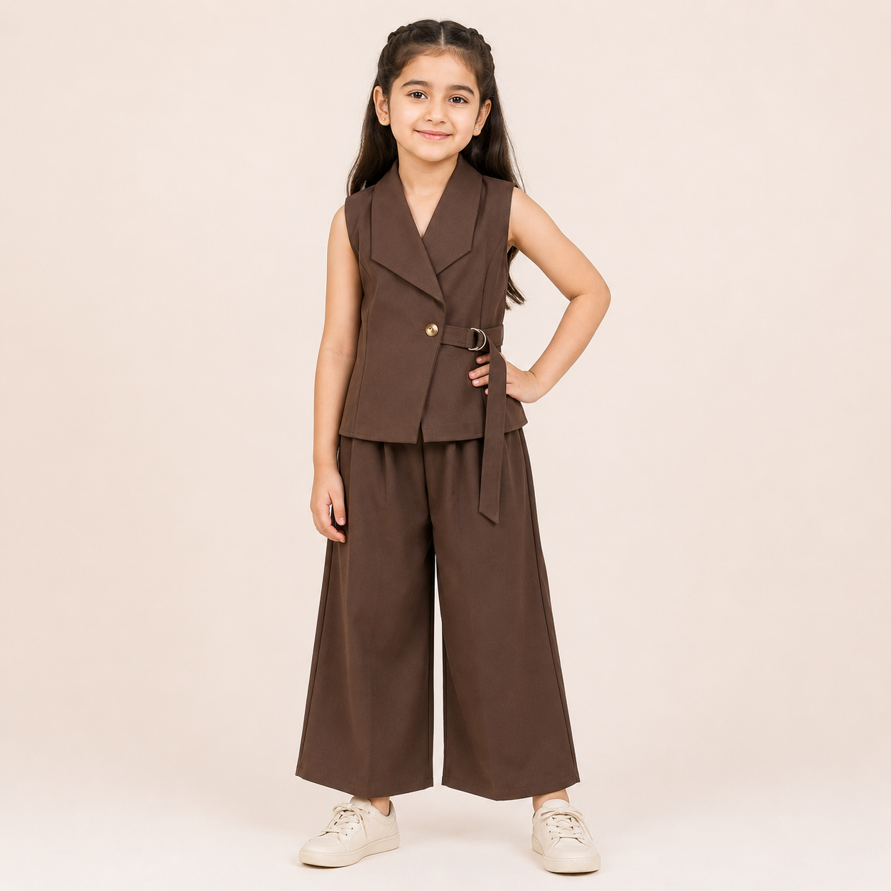 Girls Brown Sleeveless Blazer & Wide Leg Pant Co-Ord Set