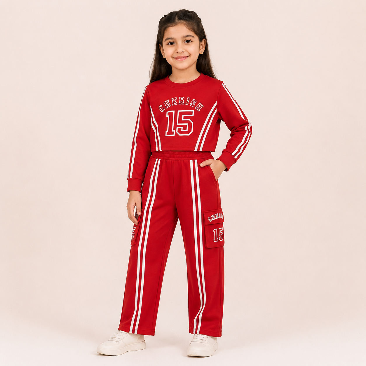 Girls Red Printed Sweatshirt & Cargo Jogger Co-Ord Set