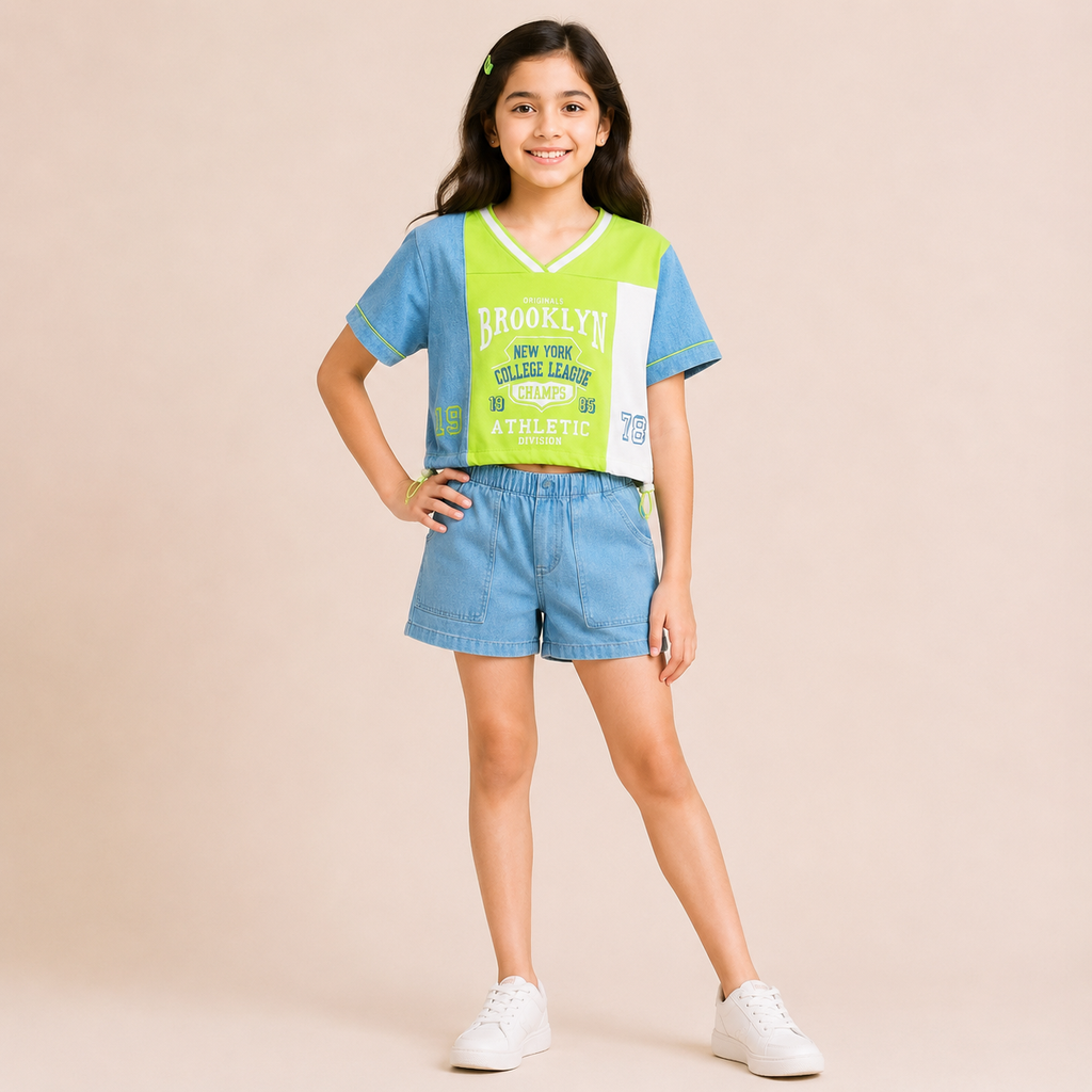 Girls Neon Green Color Block Brooklyn Graphic V-Neck T-Shirt