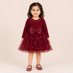Girls Maroon Pearl Bow Party Dress