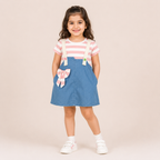 Girls Blue Denim Pinafore Dress with Pink Striped T-Shirt