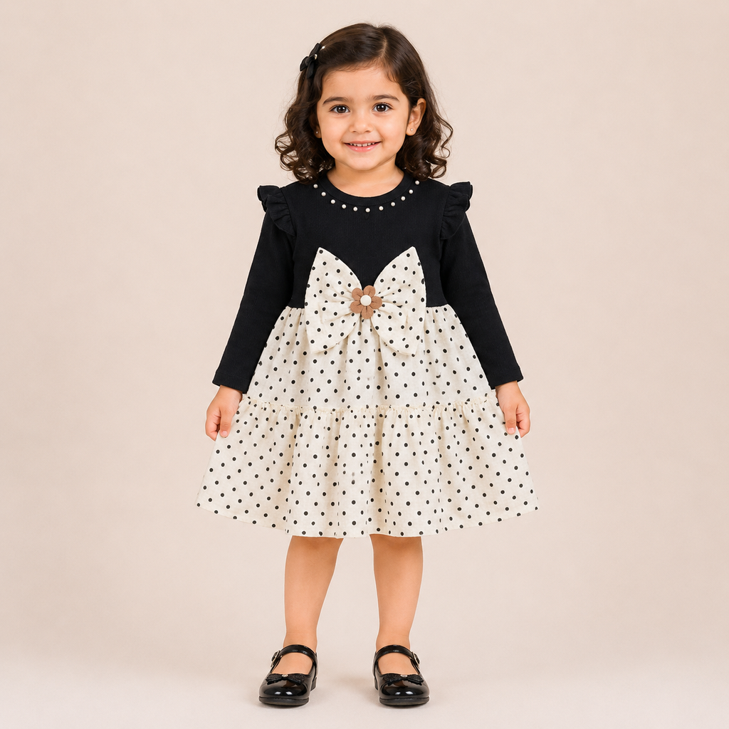 Girls Black & White Polka Dot Party Dress with Bow