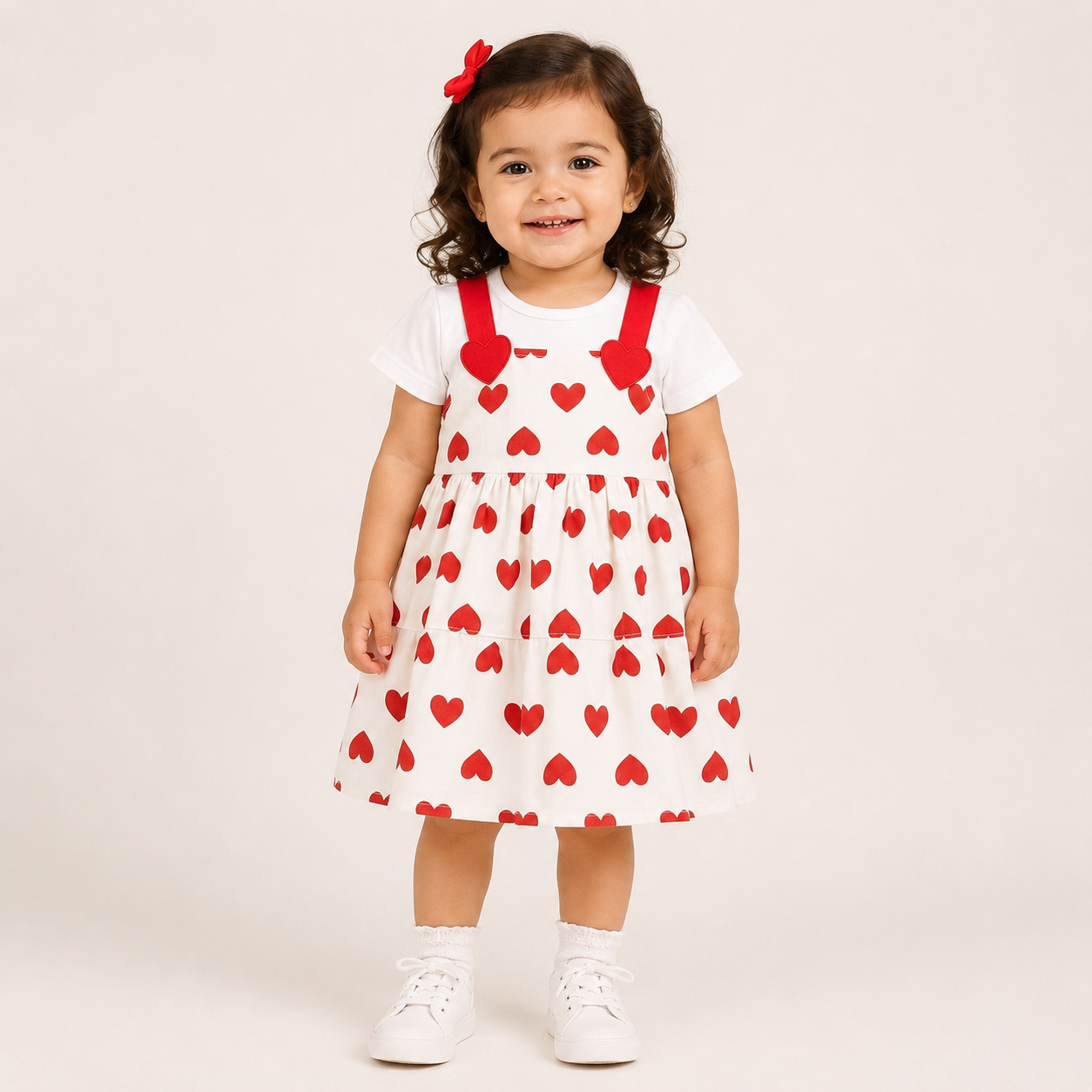 Girls White Heart Print Pinafore Dress